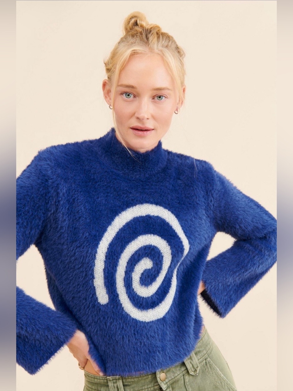 Lisa Says Gah Ebba Blue Fuzzy Spiral Mock Neck Sweater XS/S
